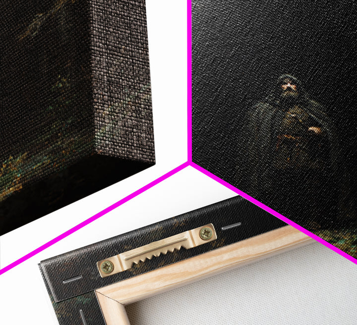 Hooded Wanderer In Dark Forest Wall Art, Raven Gothic Landscape Painting, Moody Fantasy Canvas Print For Dark Academia Decor