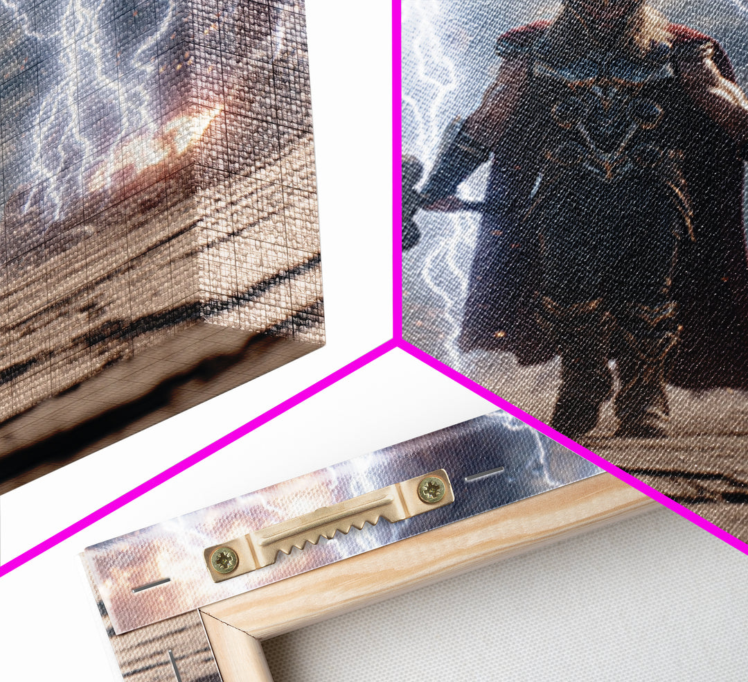Thunder God With Hammer And Lightning Wall Art, Norse Mythology Canvas Print, Fantasy Warrior Decor, Gift For Him, Gaming Room Art