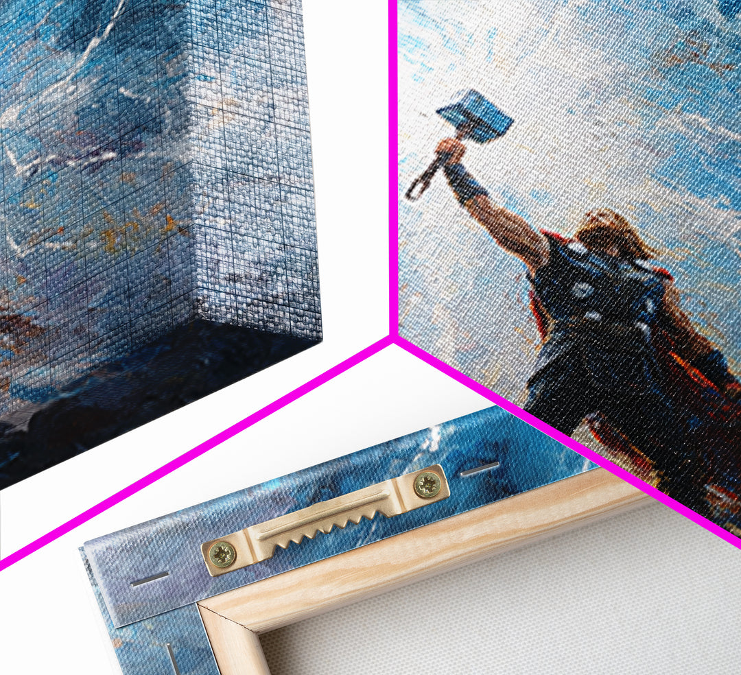 Thunder God Raising Hammer Wall Art, Norse Mythology Canvas Print, Lightning Storm Oil Painting, Viking Decor Gift For Him