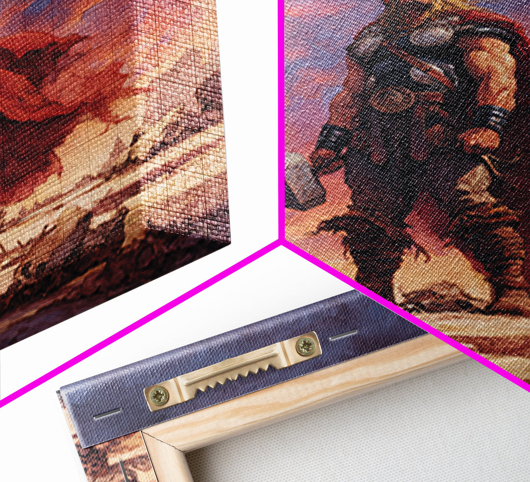 Thunder God With Hammer And Stormy Lightning Sky, Epic Viking Canvas Print, Norse Mythology Wall Art, Fantasy Warrior Decor