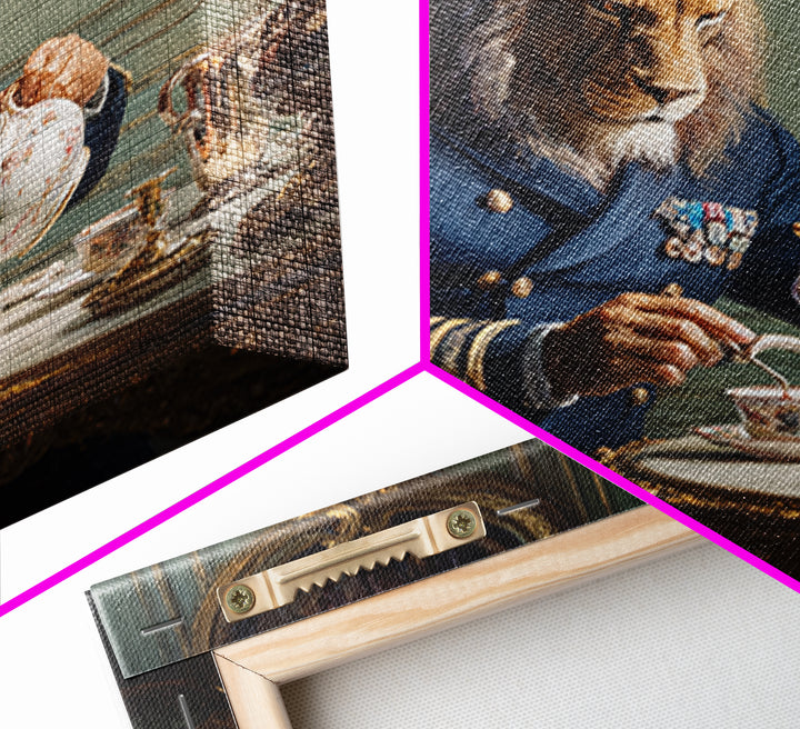 Lion Admiral Pouring Tea Wall Art, Whimsical Animal Portrait, Royal Navy Home Decor, Maximalist Canvas, Unique Gift For Him