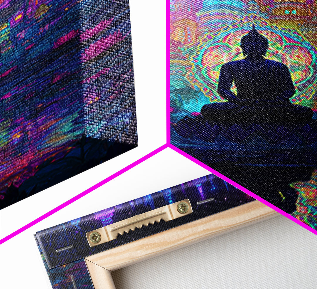 Neon Buddha Cityscape Meditation Wall Art, Spiritual Cyberpunk Canvas Print, Colorful Zen Meditation Room Decor