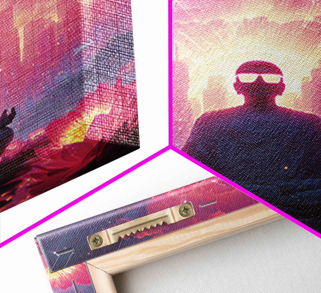 Neon Buddha Cityscape Meditation Wall Art, Psychedelic Lotus Sunset Canvas Print, Futuristic Spiritual Decor For Modern Living Room