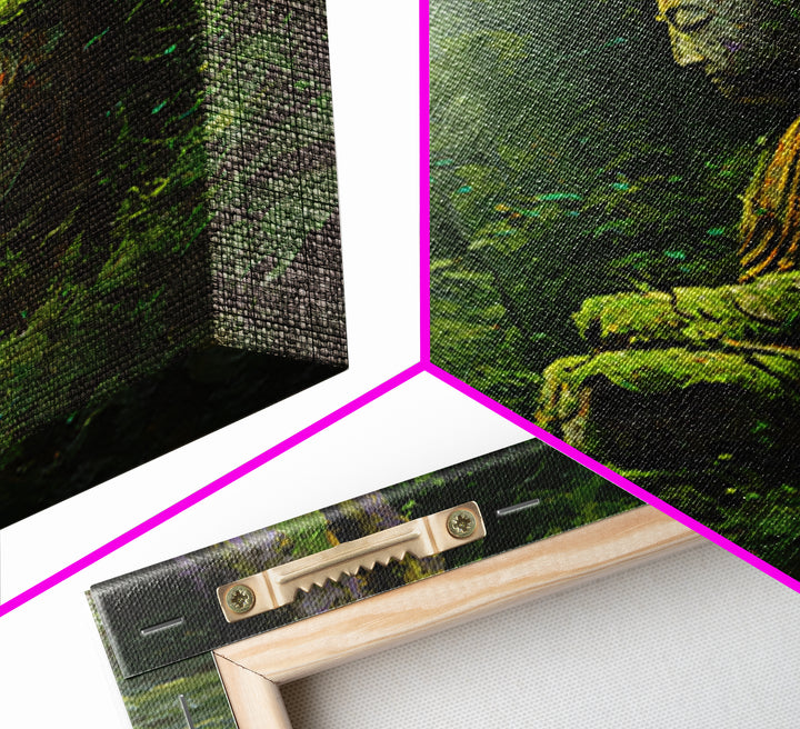 Serene Green Moss Covered Buddha Statue Wall Art Oil Painting Canvas Print For Peaceful Zen Home Decor And Meditation Room Wall