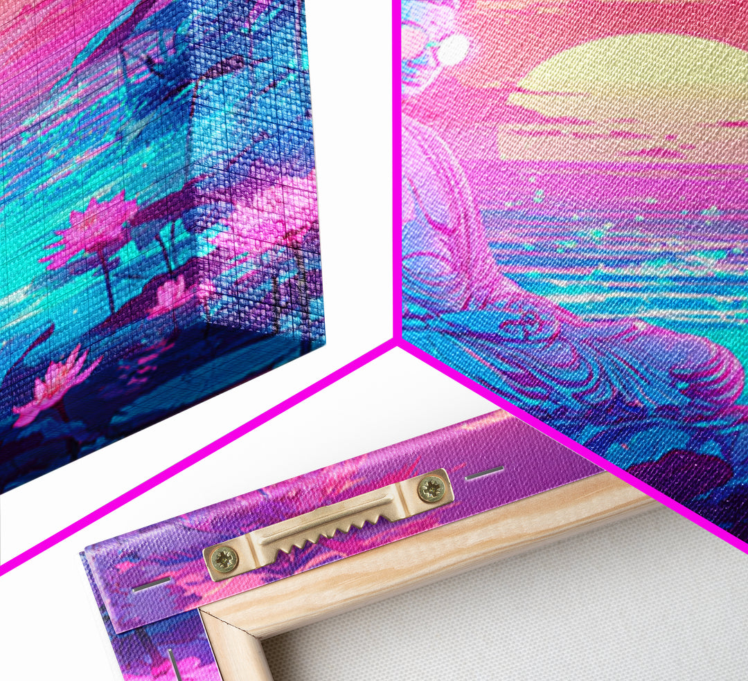 Neon Buddha Meditating By Futuristic Ocean Sunset Wall Art, Psychedelic Zen Lotus Canvas Print