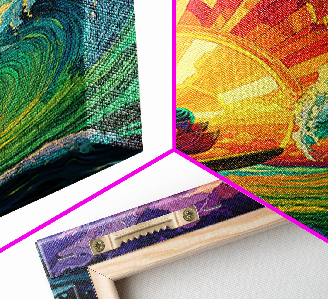 Psychedelic Surfing Buddha In Neon Sunset Waves Wall Art, Trippy Spiritual Canvas Print, Modern Boho Home Decor
