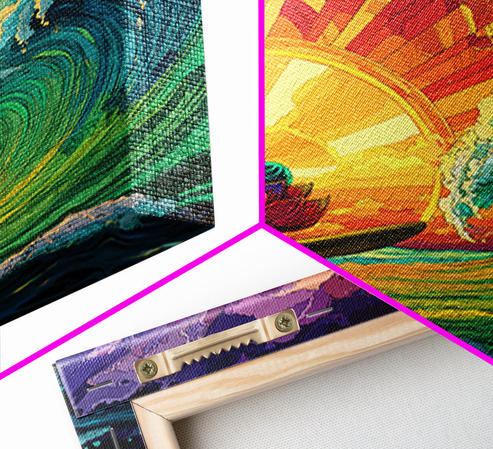 Psychedelic Surfing Buddha In Neon Sunset Waves Wall Art, Trippy Spiritual Canvas Print, Modern Boho Home Decor