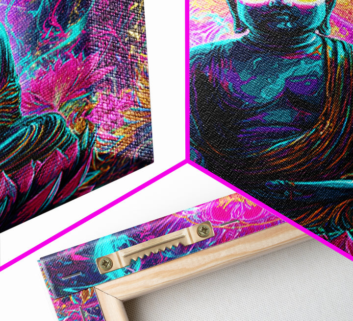 Neon Psychedelic Buddha Sitting On Lotus Flower Spiritual Wall Art Canvas Print Bright Vibrant Home Decor