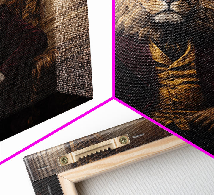 Majestic Lion In Burgundy Suit Framed Canvas Print, Victorian Animal Portrait, Dark Academia Office Decor, Luxury Wall Decor