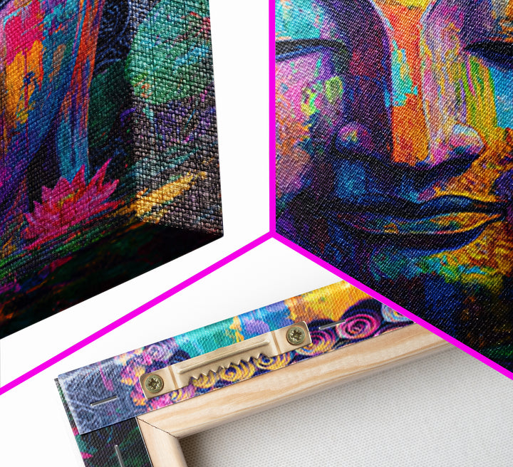 Colorful Buddha Lotus Wall Art, Spiritual Meditation Canvas Print, Boho Zen Decor, Psychedelic Abstract Painting