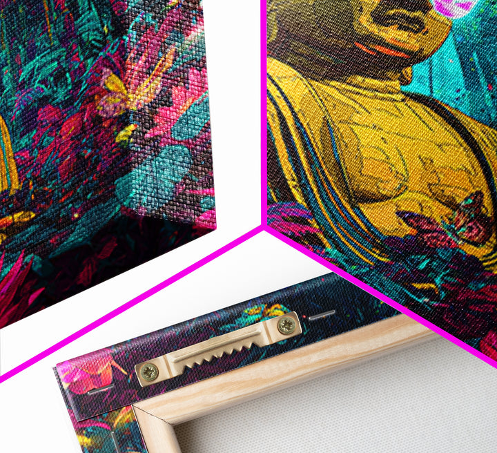 Neon Jungle Buddha With Butterflies Wall Art, Psychedelic Spiritual Canvas Print, Colorful Boho Home Decor