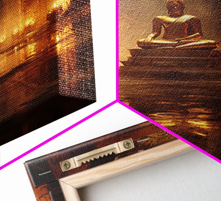 Golden Buddha Temple Wall Art, Serene Zen Statue Framed Canvas Print, Meditation Room Decor, Spiritual Asian Inspired Home Decor