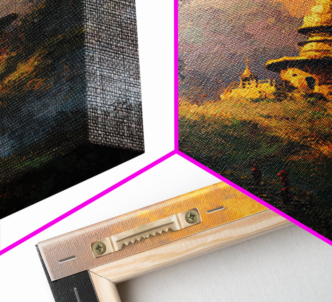 Golden Temple On Hill With Monks Walking Misty Path Wall Art Framed Canvas Print For Spiritual Home Decor