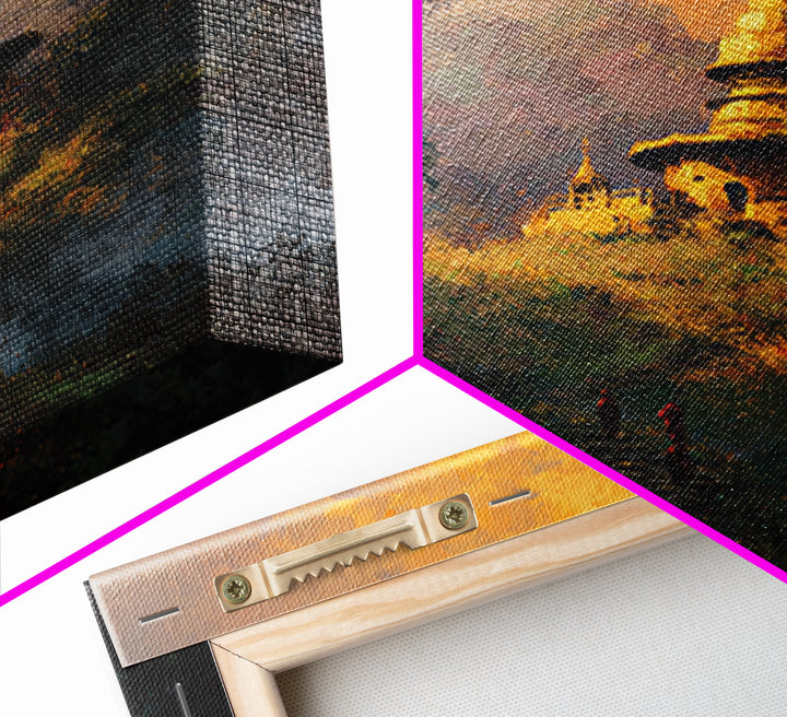 Golden Temple On Hill With Monks Walking Misty Path Wall Art Framed Canvas Print For Spiritual Home Decor