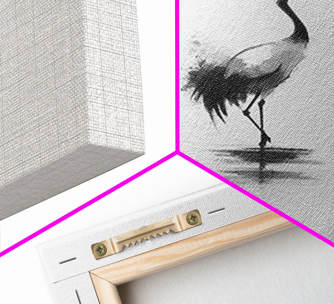 Minimal Japanese Crane Ink Wall Art, Black And White Bird Painting Canvas Print, Zen Nature Decor For Modern Home