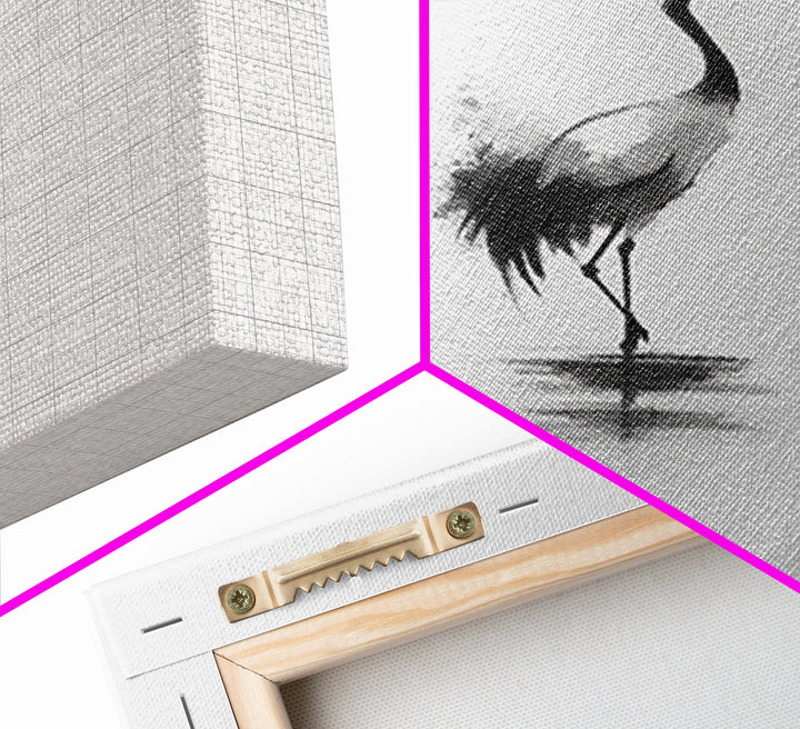 Minimal Japanese Crane Ink Wall Art, Black And White Bird Painting Canvas Print, Zen Nature Decor For Modern Home