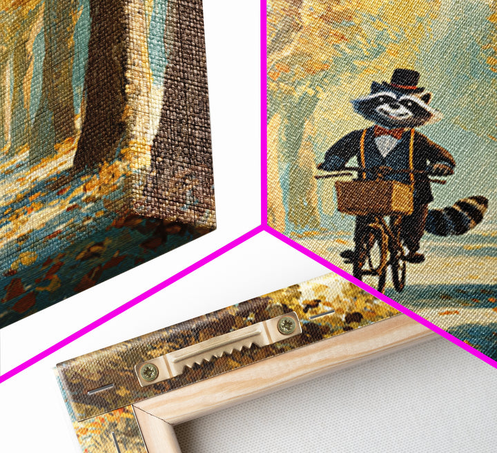 Whimsical Raccoon Riding Bicycle Wall Art, Cozy Autumn Woodland Animal Painting, Storybook Nursery Decor, Cute Kids Room Art