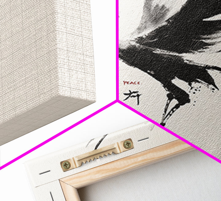 Japanese Ink Crane Bird Wall Art, Minimal Black And White Animal Canvas Print, Zen Japandi Home Decor