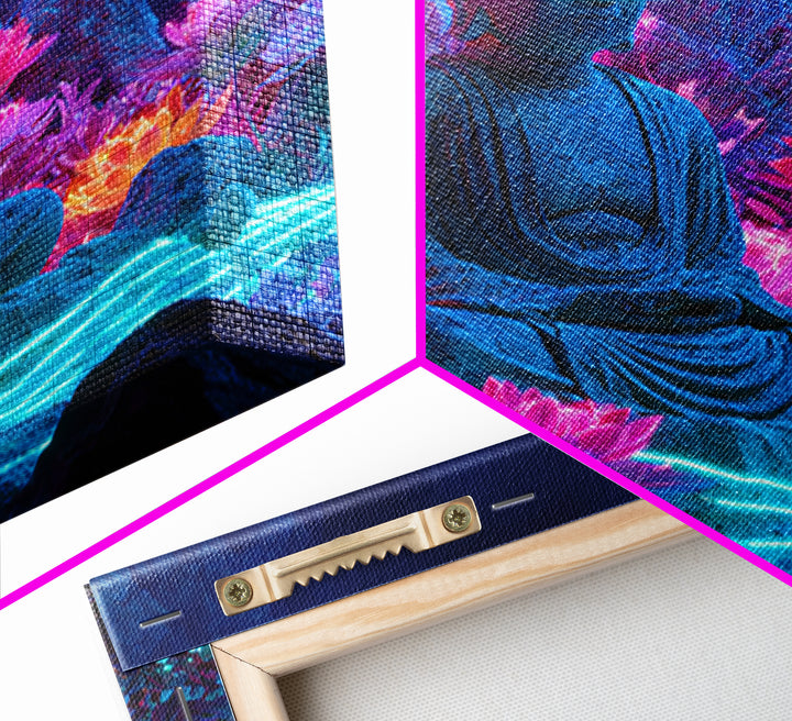 Neon Buddha Lotus Garden Canvas Print, Glowing Meditation Wall Art, Psychedelic Spiritual Decor For Yoga Room Or Boho Home