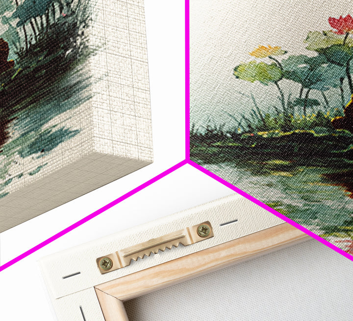 Meditation By Lotus Pond Wall Art, Peaceful Watercolor Landscape, Zen Mindfulness Decor, Yoga Studio Framed Canvas Print