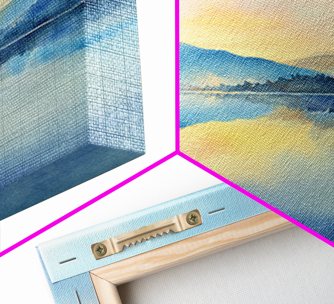 Soft Watercolor Mountain Lake Sunrise Wall Art, Calming Landscape Canvas Print, Serene Bedroom And Living Room Decor