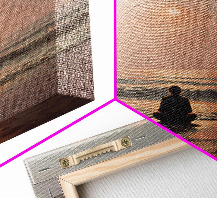 Sunset Beach Meditation Figure Wall Art, Serene Mindfulness Canvas Print, Calming Coastal Zen Bedroom Decor