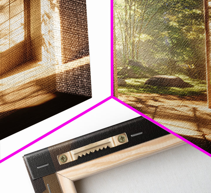 Minimal Japandi Zen Room With Garden View Wall Art, Serene Japanese Interior Framed Canvas Print