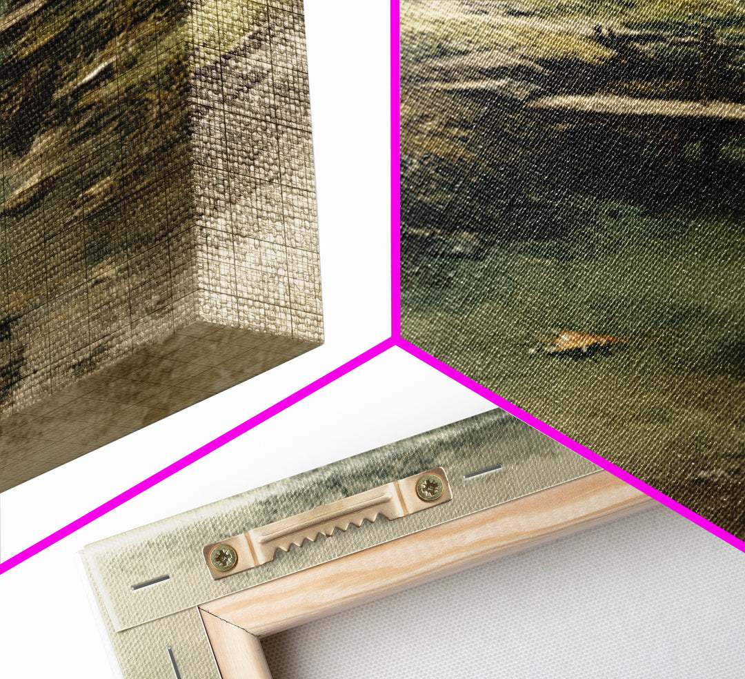 Misty Creek With Wooden Footbridge Watercolor Landscape Wall Art, Soft Nature Painting Print, Calming Home Decor Bedroom Art