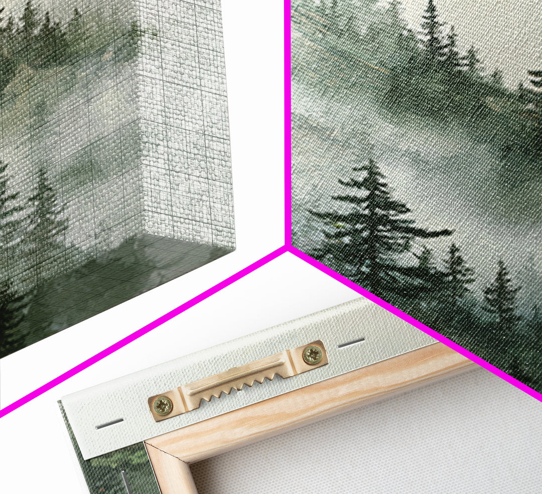 Misty Pine Forest With Distant Temple Painting Wall Art, Tranquil Mountain Landscape Print, Zen Japandi Nature Decor
