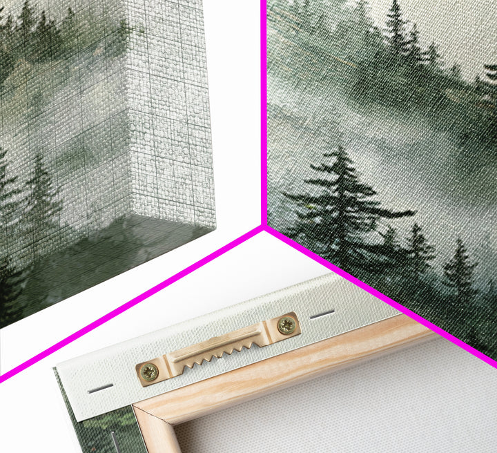 Misty Pine Forest With Distant Temple Painting Wall Art, Tranquil Mountain Landscape Print, Zen Japandi Nature Decor