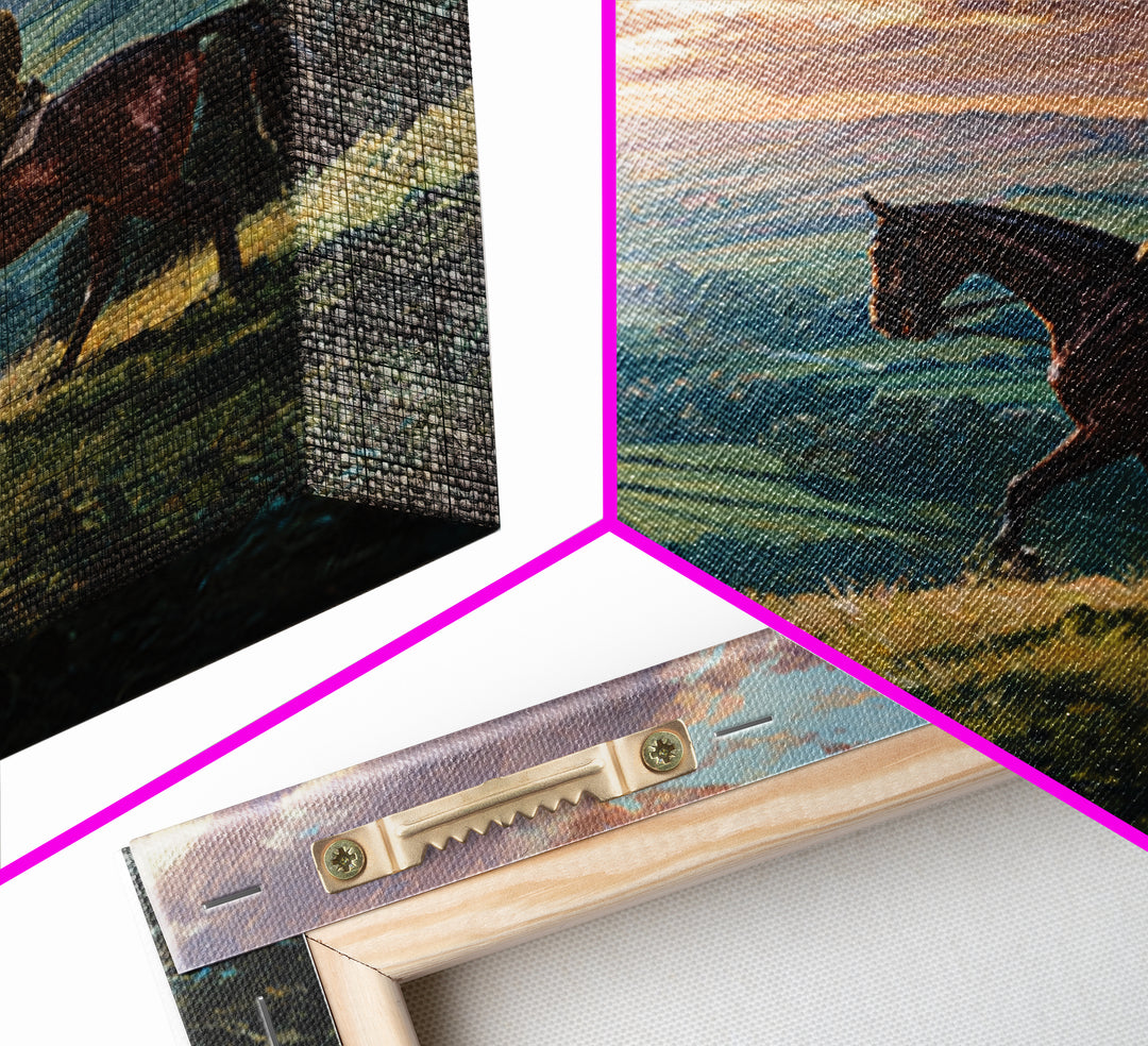 Equestrian Rider Over Rolling Countryside Wall Art, Sunset Landscape Painting, Horse Lover Decor, English Country Wall Art
