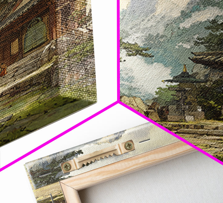 Japanese Landscape With Traditional Temple And Pine Trees Vintage Style Wall Art Framed Canvas Print