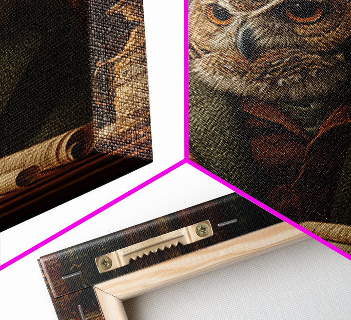 Scholar Owl In Antique Library Canvas Print, Whimsical Animal Wall Art, Dark Academia Office Decor, Book Lover Gift For Readers