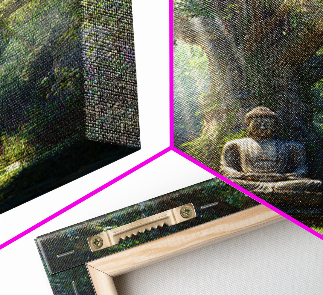 Serene Forest Buddha Statue Under Sacred Tree Wall Art Spiritual Nature Canvas Print Zen Meditation Room Decor Calming Artwork