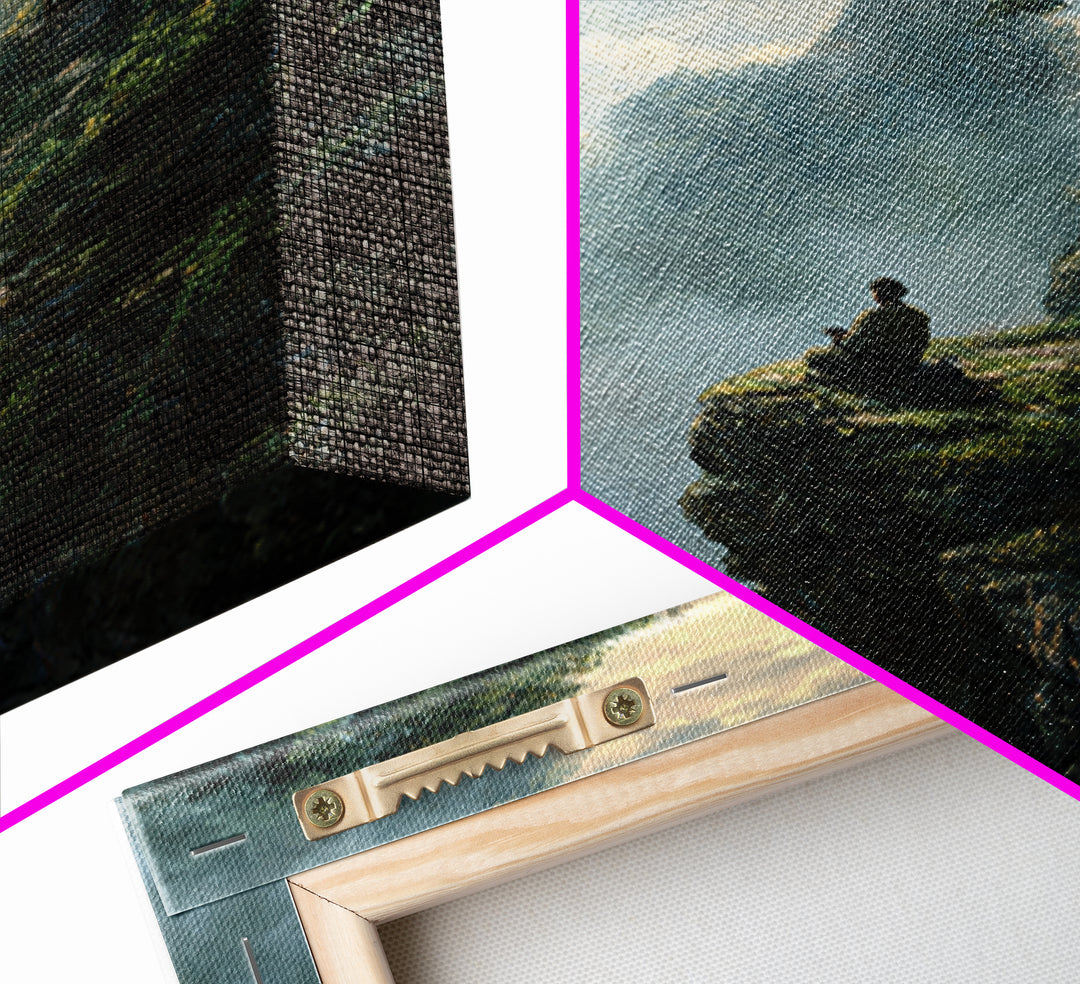 Zen Monk On Mountain Cliff Landscape Wall Art, Meditative Nature Canvas Print, Japanese Style Calming Home Decor