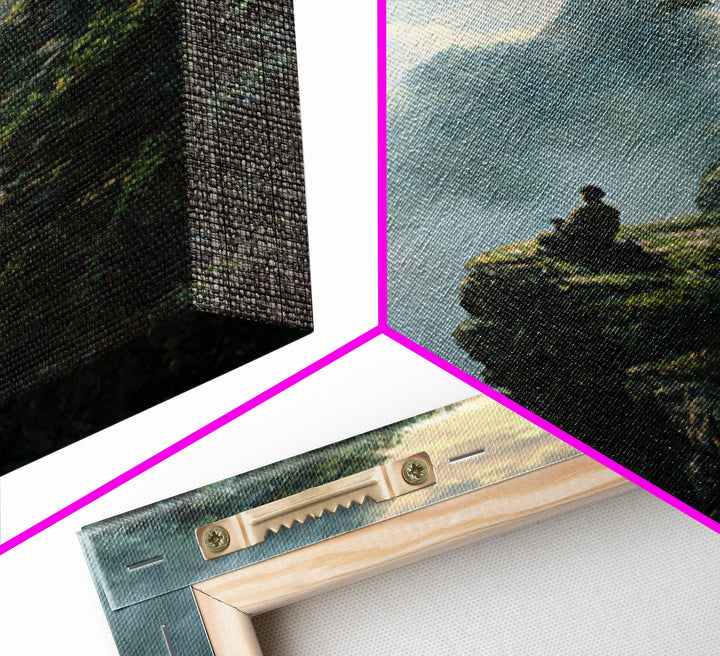 Zen Monk On Mountain Cliff Landscape Wall Art, Meditative Nature Canvas Print, Japanese Style Calming Home Decor
