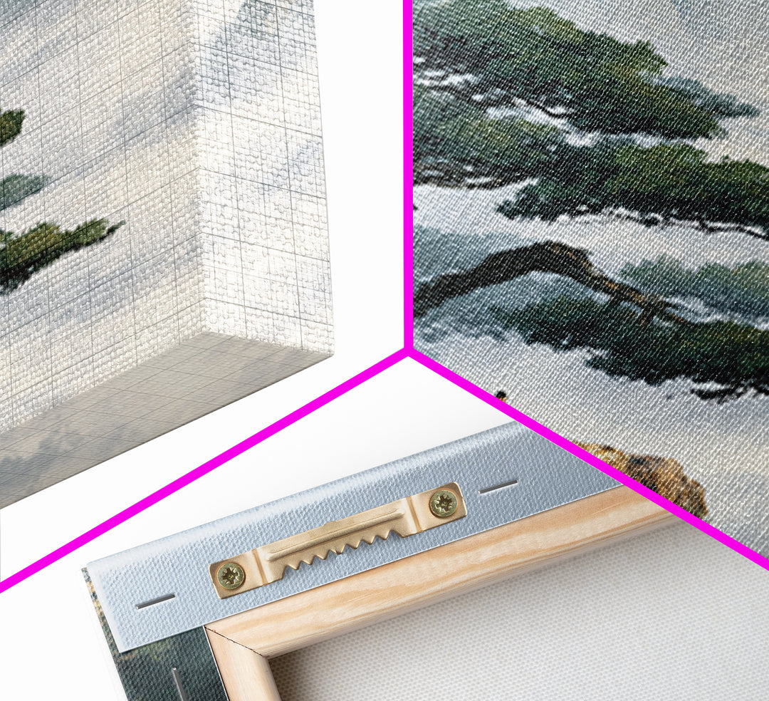 Zen Mountain Meditation Landscape Wall Art, Serene Nature Painting, Calming Japandi Style Canvas Print For Home Decor