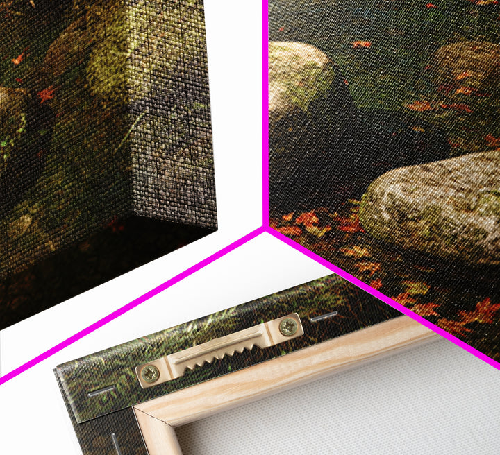 Zen River Stones With Autumn Leaves Wall Art, Tranquil Nature Landscape Canvas Print, Minimalist Forest Creek Decor For Spa Or Bedroom