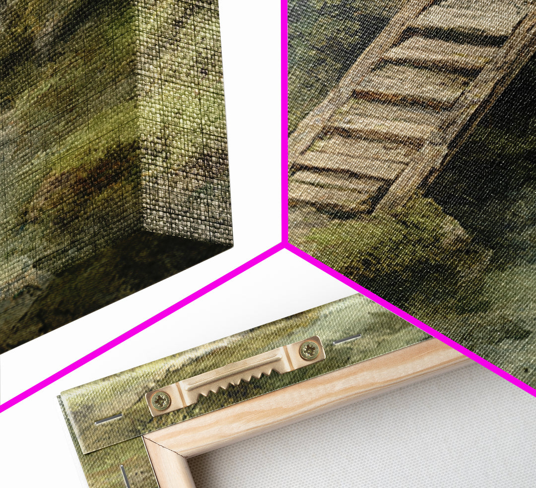 Rustic Wooden Footbridge Over Stream Wall Art, Tranquil Forest Landscape Canvas Print, Nature Home Decor For Bedroom Or Cozy Living Room