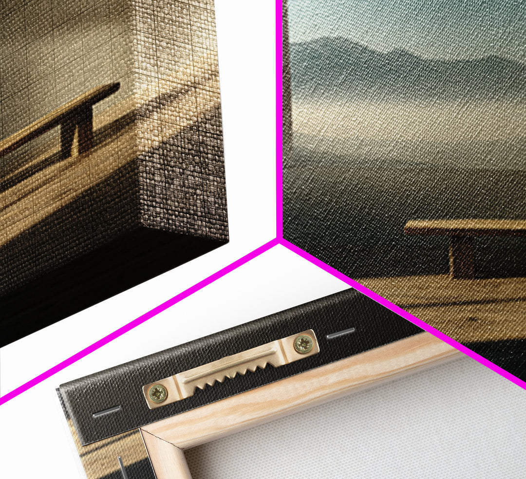 Minimalist Japandi Interior Wall Art, Sunlit Bench And Mountain View Framed Canvas Print, Neutral Zen Home Decor