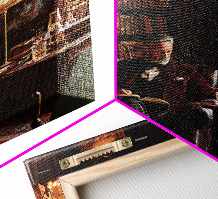 Elegant Gentleman Reading By Fireplace Framed Canvas Print, Dark Academia Library Wall Art, Old World Office Decor Gift For Him