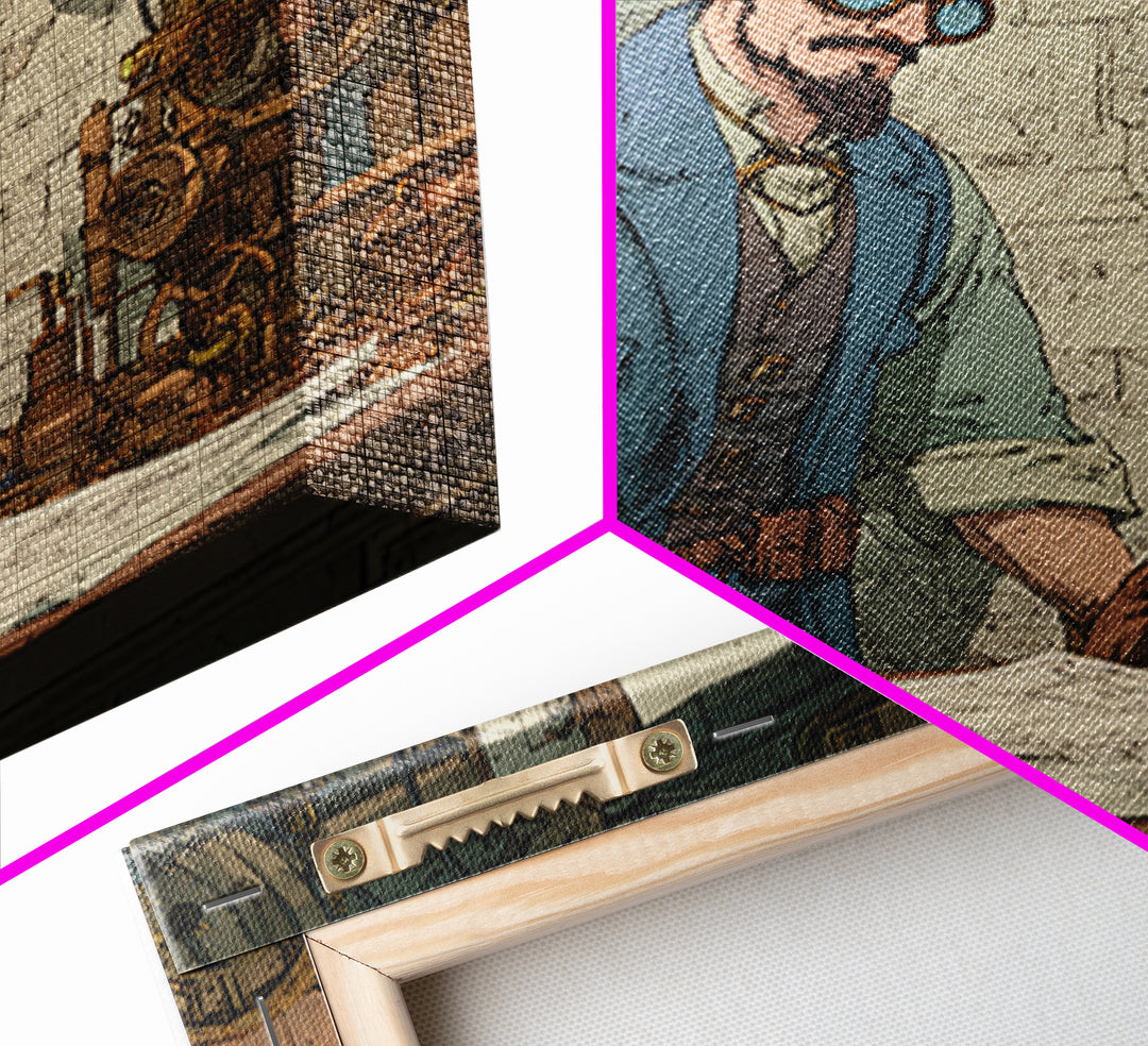 Steampunk Inventor Drafting Blueprints Canvas Print, Industrial Office Wall Art, Mechanical Workshop Decor, Gift For Him