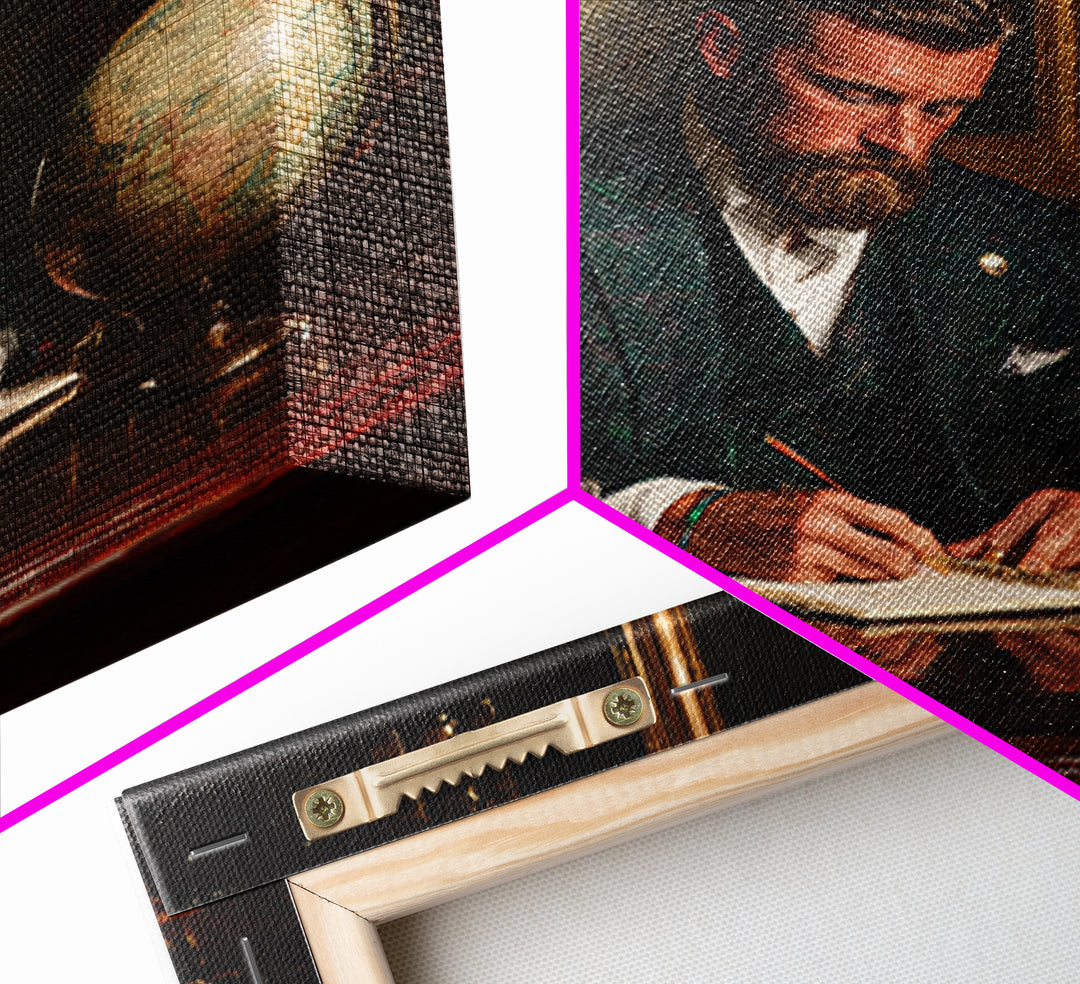 Bearded Gentleman Journaling In Moody Library Framed Canvas Print, Dark Academia Wall Art, Office Decor, Gift For Him, Masculine Decor