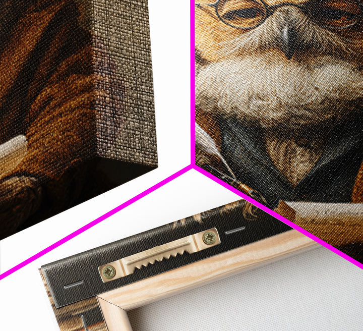 Whimsical Owl Scholar With Quill And Books Wall Art, Animal Portrait Canvas, Dark Academia Decor, Library Gift, Book Lover Gift