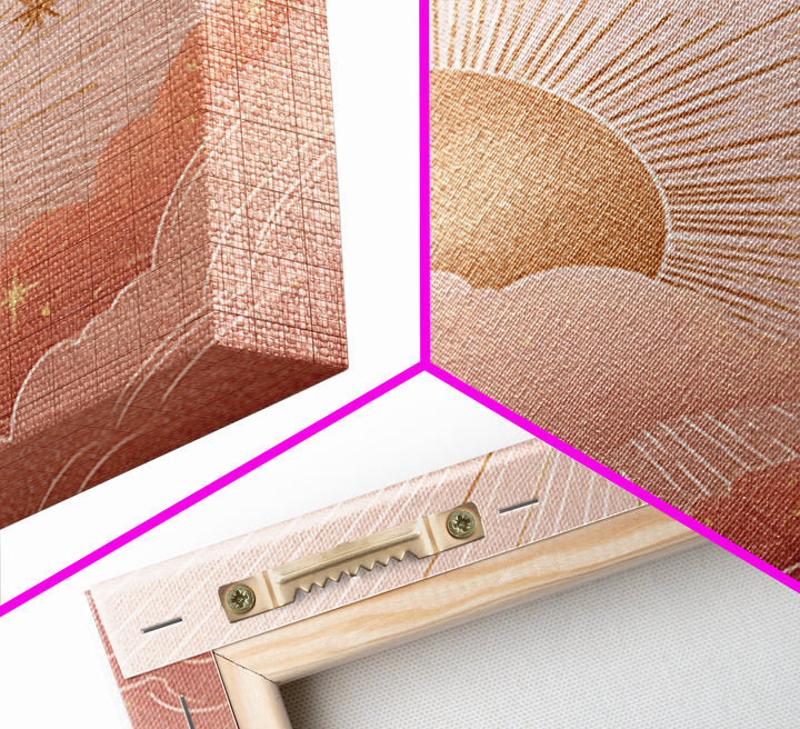 Boho Golden Sun Over Pink Clouds Wall Art, Celestial Sun And Moon Print, Warm Neutral Nursery Decor, Above Bed Decor Gift
