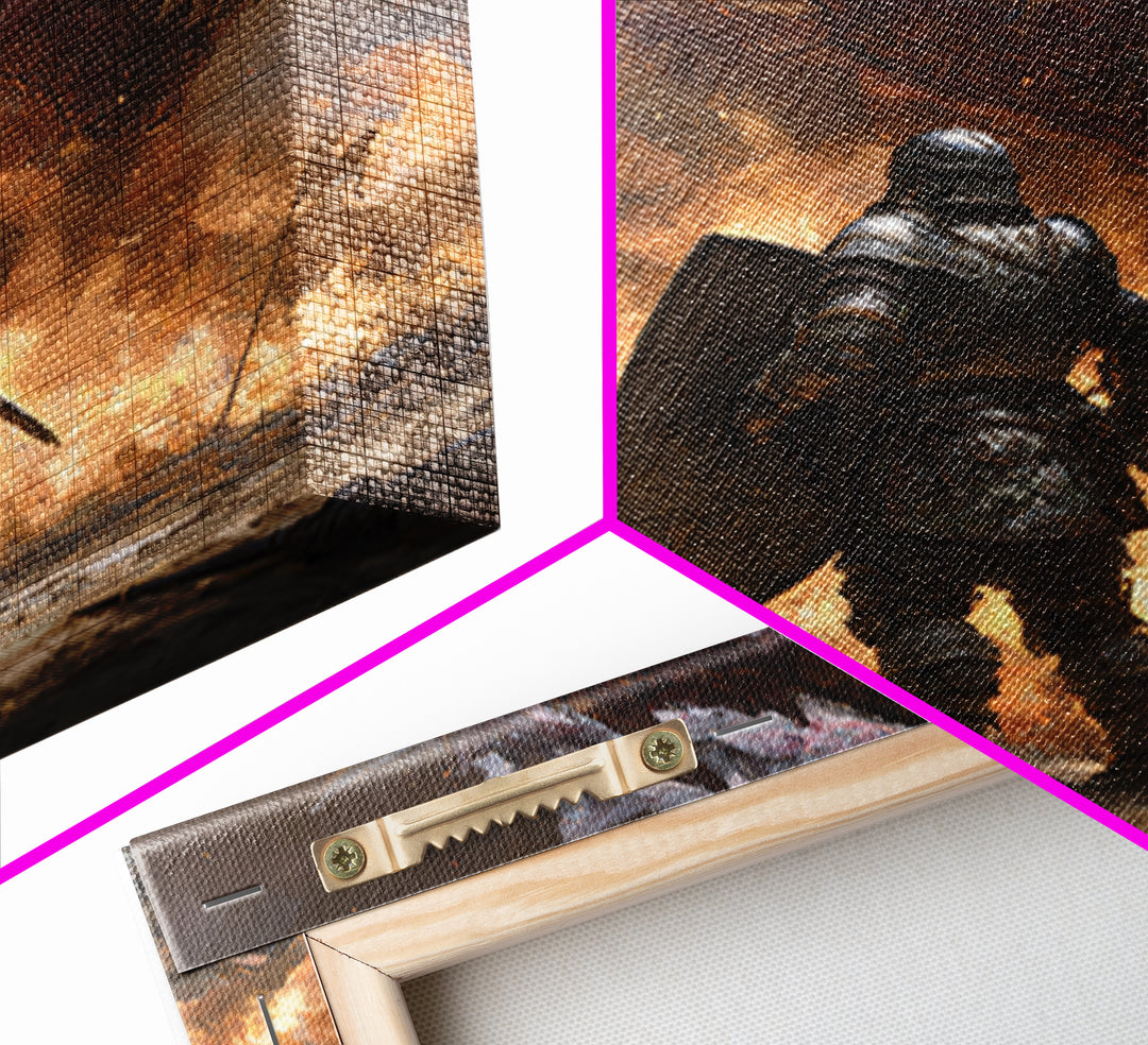 Armored Knight Facing Dragon Framed Canvas Print, Dark Fantasy Wall Art, Medieval Fire Battle Decor, Gamer Gift For Him, Dragon Art