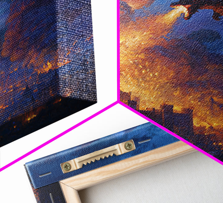 Fire Breathing Dragon Over Burning City Wall Art, Dark Fantasy Canvas Print, Medieval Castle Decor, Epic Gamer Gift For Him