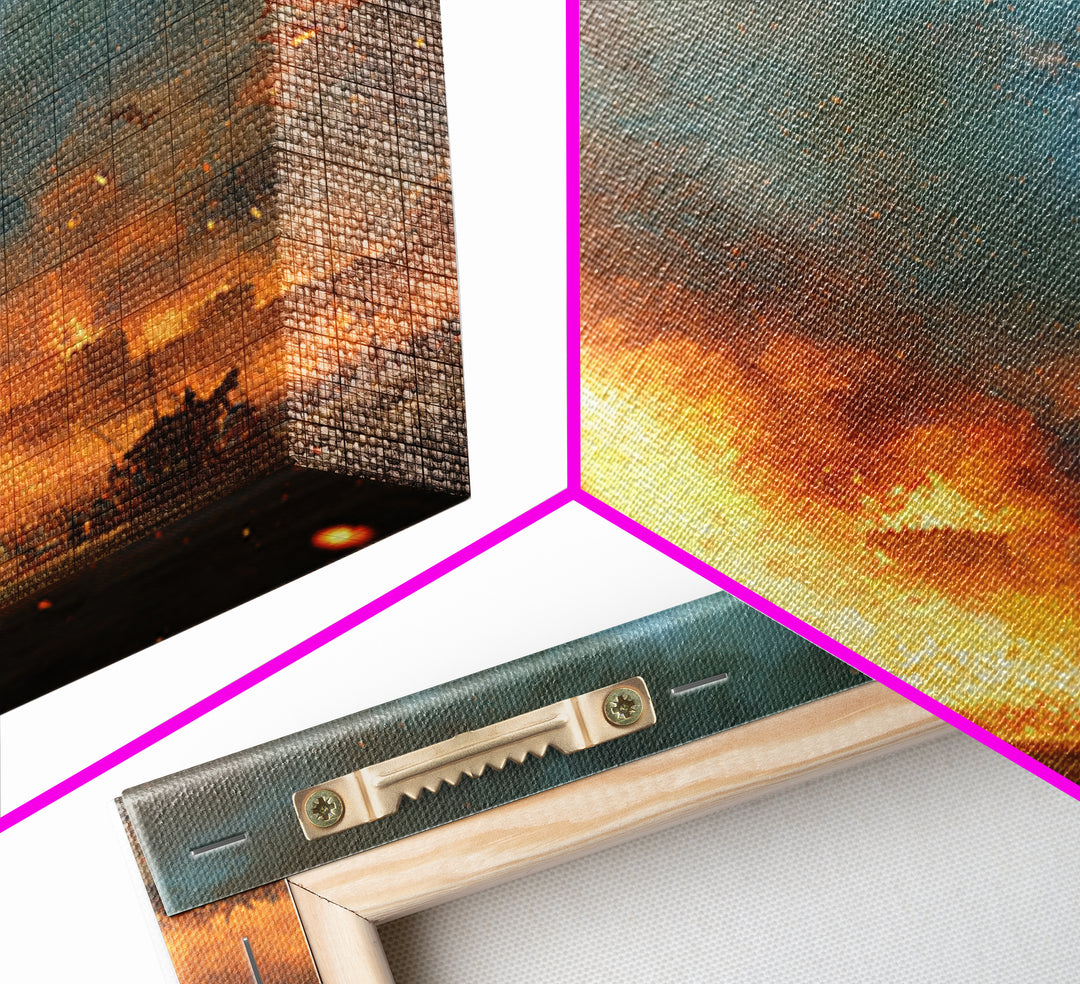 Fire Breathing Dragon Siege Wall Art, Epic Fantasy Canvas Print, Medieval Castle Battle Decor, Dramatic Game Room Artwork