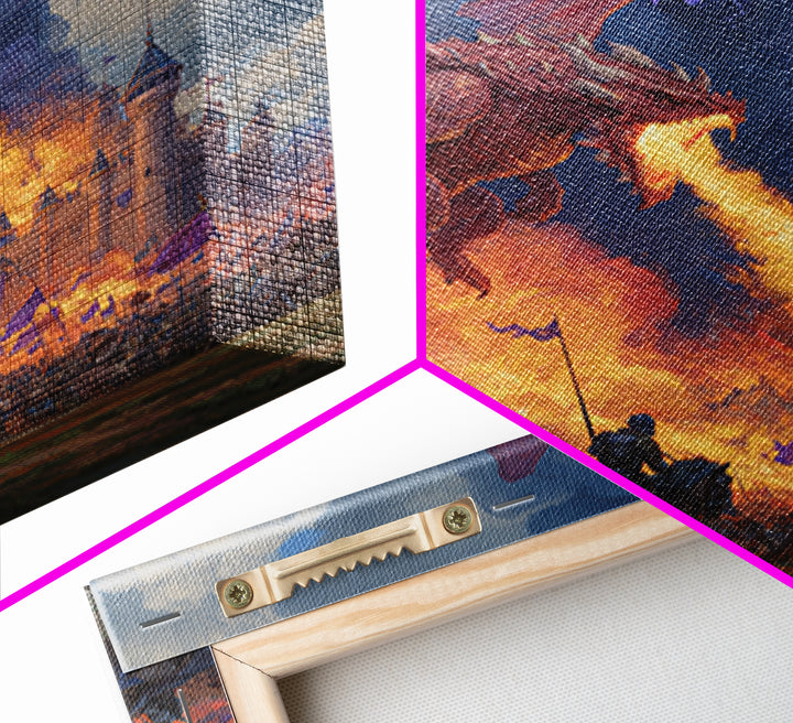 Red Dragon Castle Siege Wall Art, Epic Fantasy Framed Canvas Print, Medieval Battle Decor, Knight Adventure Game Room Artwork