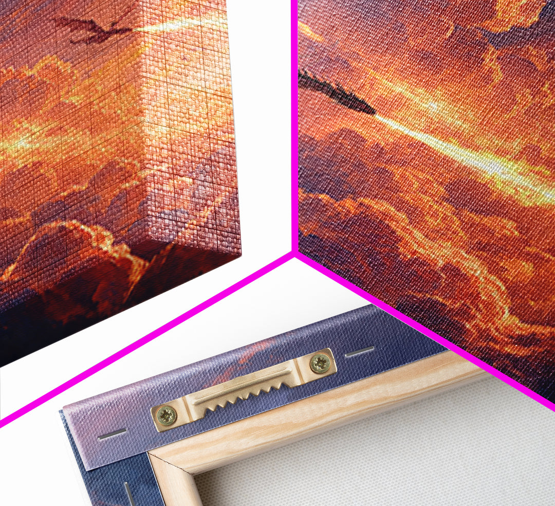 Dragons Blazing Through Sunset Clouds Wall Art, Fantasy Canvas Print, Fiery Sky Decor, Epic Mythical Adventure Artwork For Office